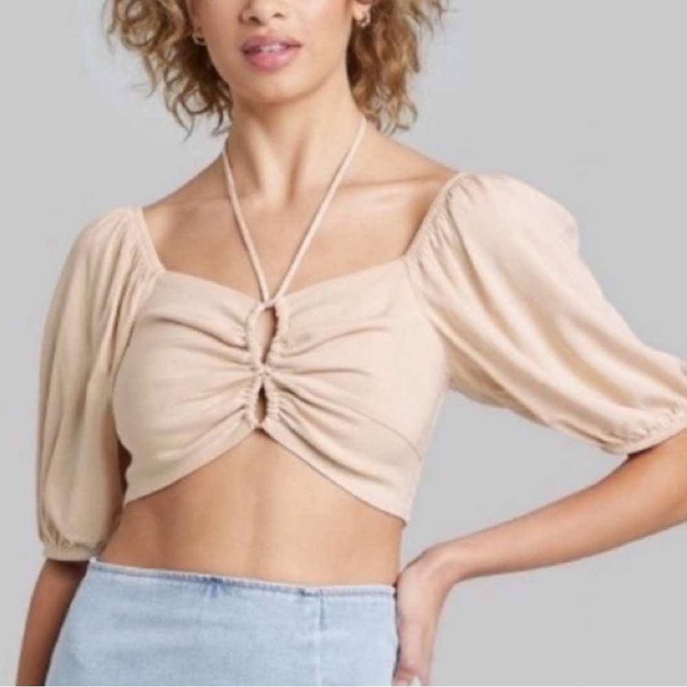Wild Fable Beige Crop Top Halter with Puff Sleeves